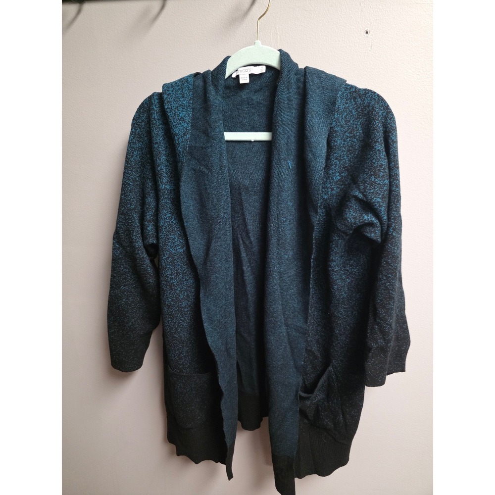 Chico's Teal Black Ombre Hooded Cardigan Sweater Open Front Marled Knit Size 2 L